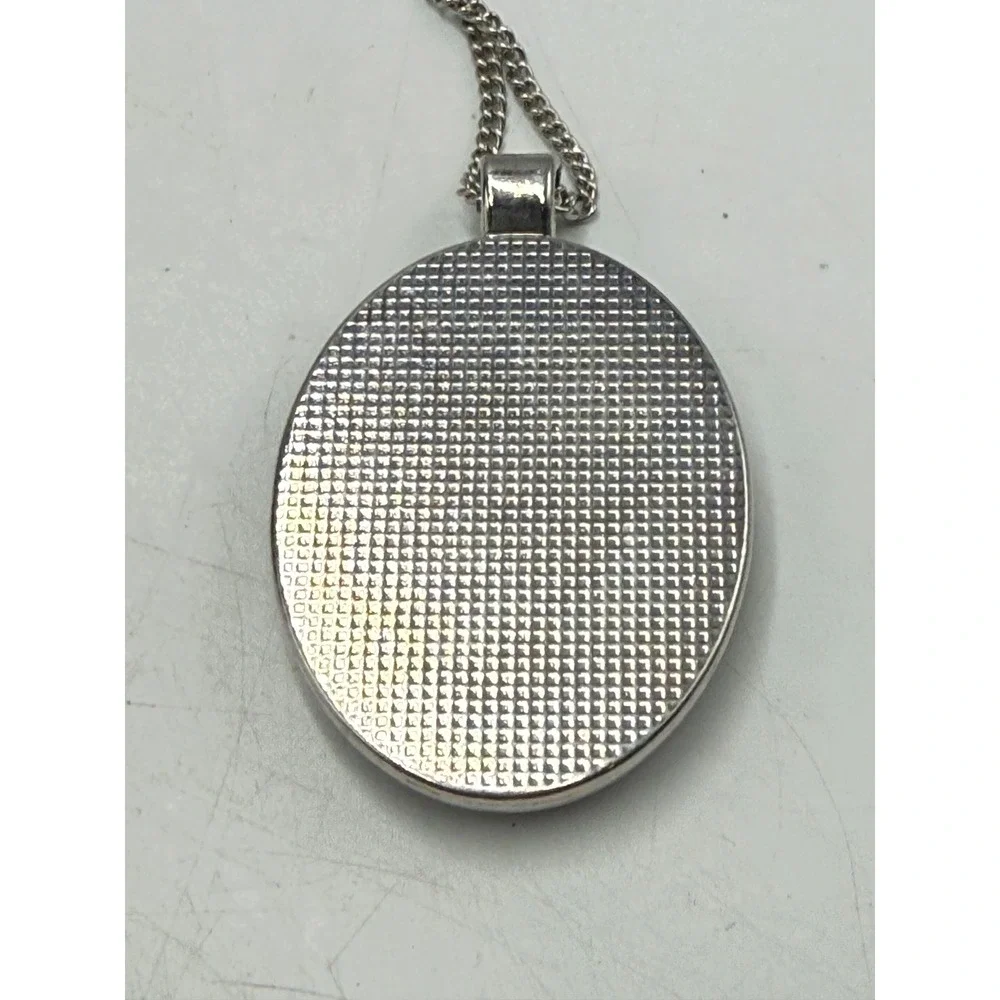 Silver Tone Dark Grey Cats Eye Oval Pendant Necklace Adjustable Curb Chain